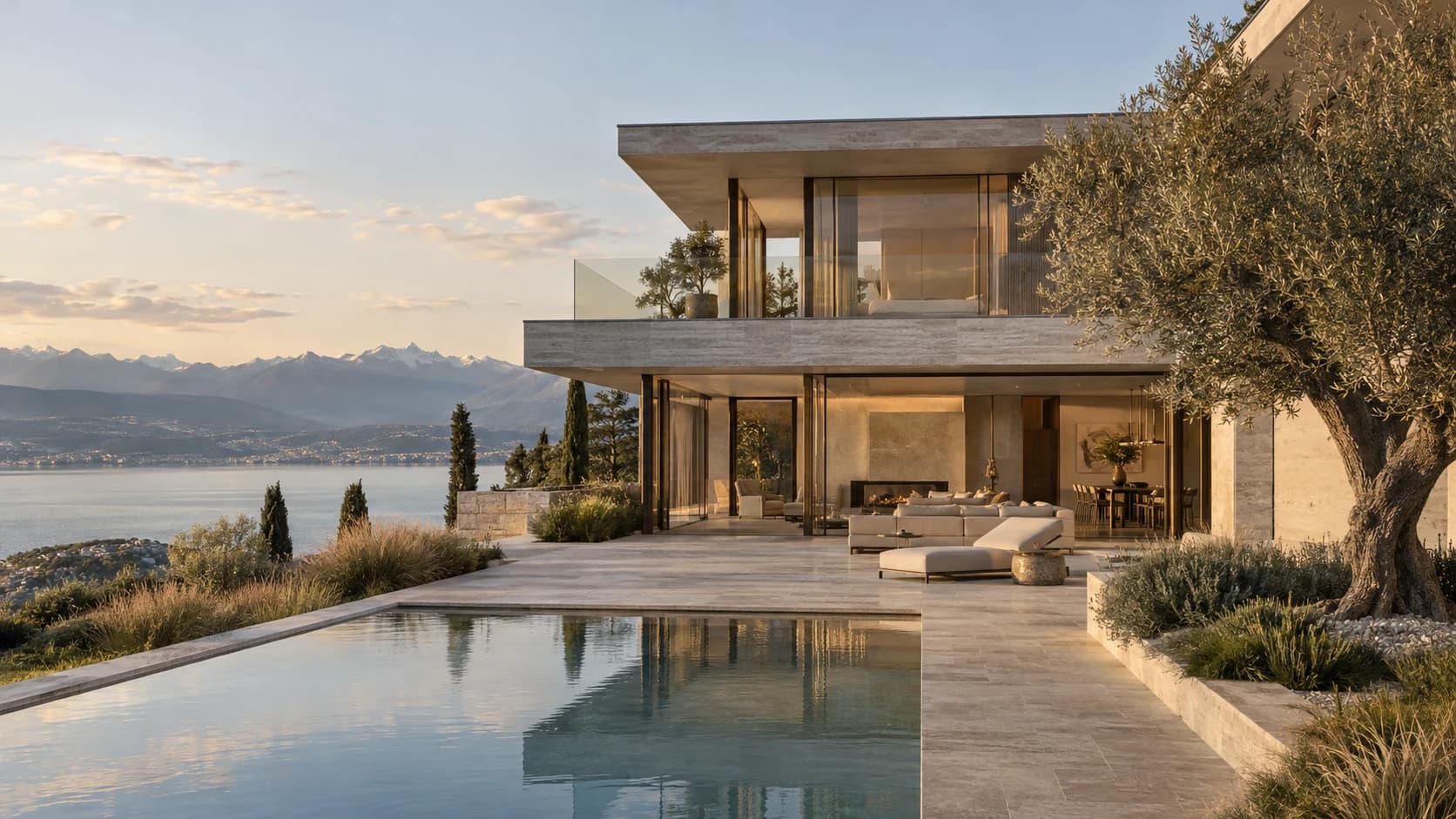 Villa contemporaine en pierre surplombant le Léman, avec un bassin au coucher du soleil